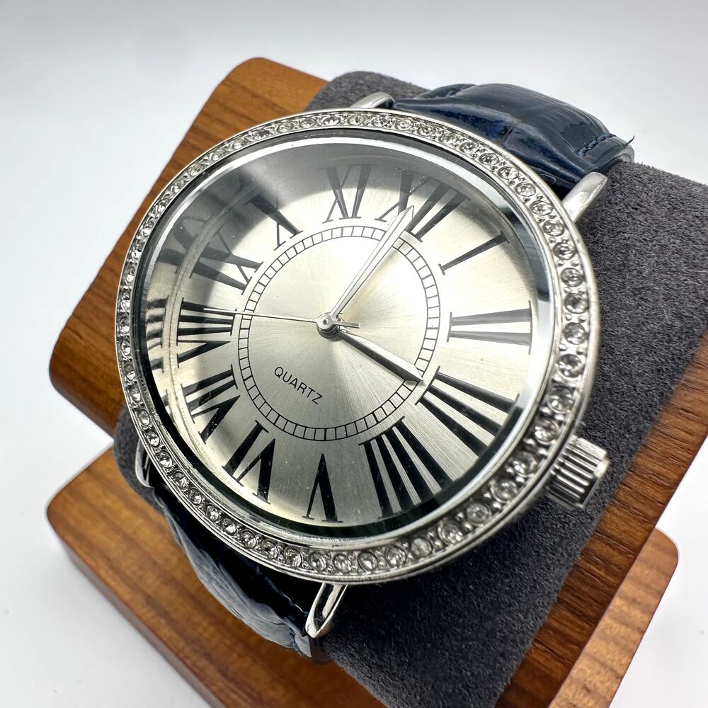 Chico's Quartz Watch Blue Leather Strap Rhinestone Bezel Roman Dial